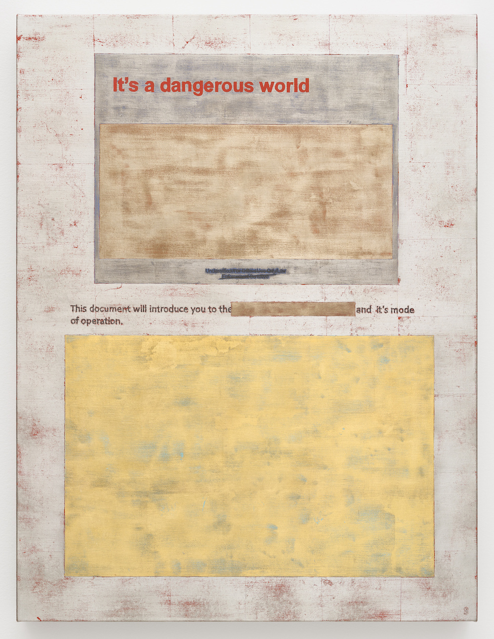 A dangerous world, Jenny Holzer, 2022, 24k gold, Caplaingold, moon gold and platinum leaf and oil on linen 61 x 46 2 x 3.8cm / 24 x 18 1/ 4x1 1/2 in. Image coutesy the artist and Hauser & Wirth. Photography by Filip Wolak.
