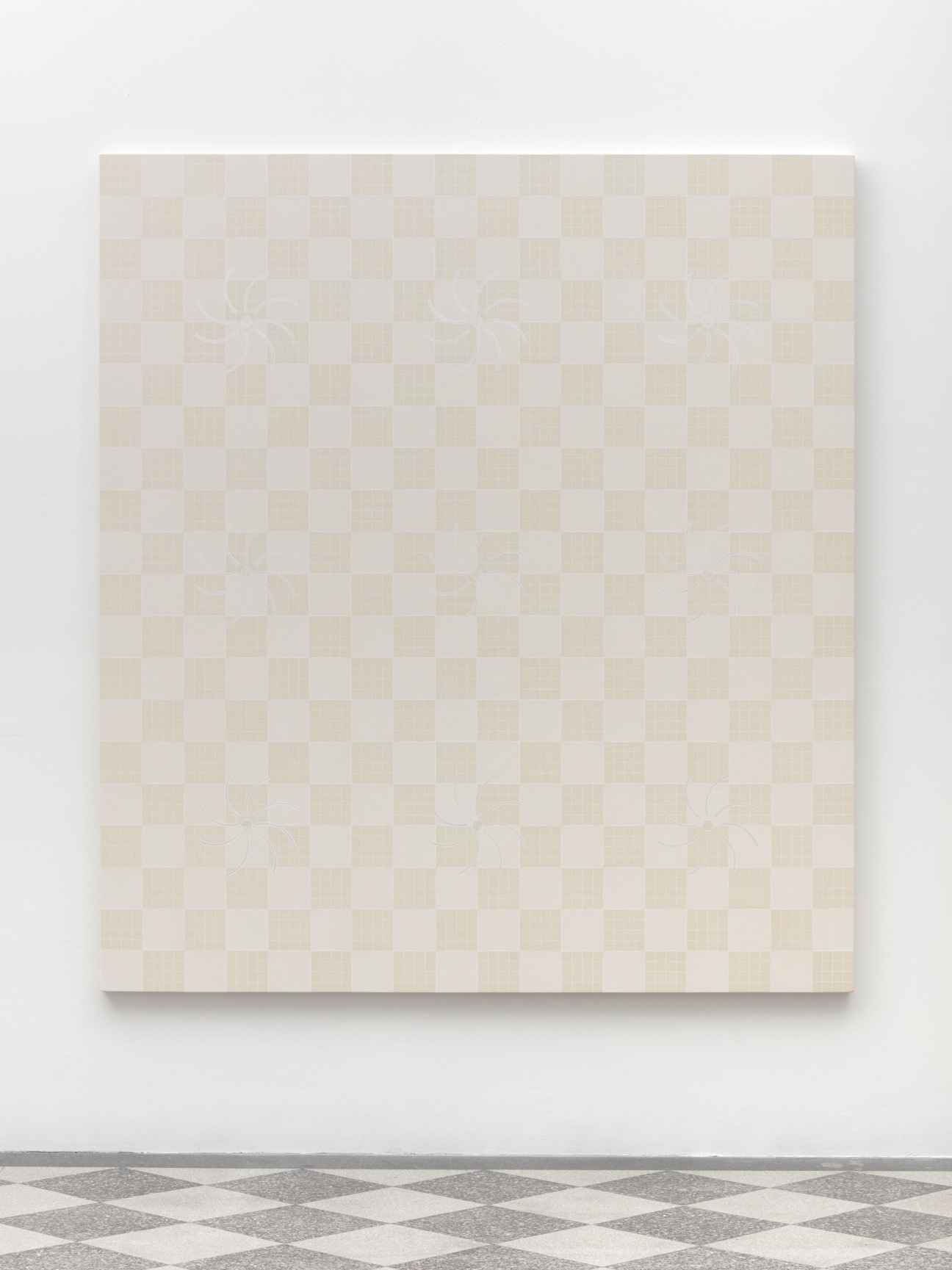 Minimalist painting of white and tan checkerboard.