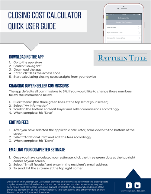 Closing Cost Calculator Quick User Guide