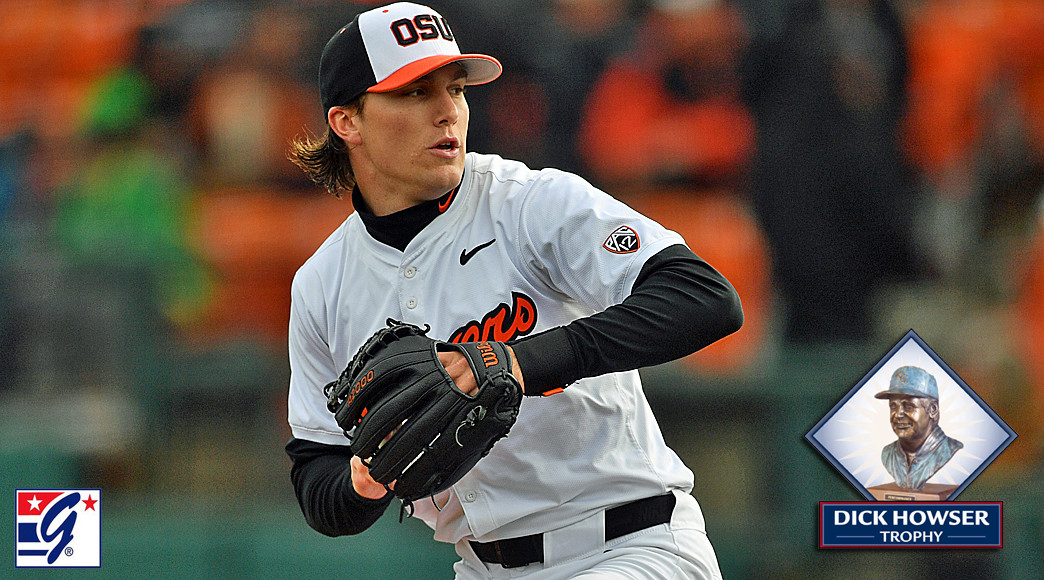 Aiden May struck out a career-high 14 batters in the Beavers&rsquo; 2-0 win over Oregon Friday night.
