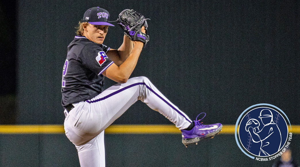 Ben Abeldt of TCU, the lone finalist from 2024 and a 2025 NCBWA First-Team All-America selection, held a 1.83 ERA with eight saves and a 3-0 record in 2024. (Photo: TCU Athletics)