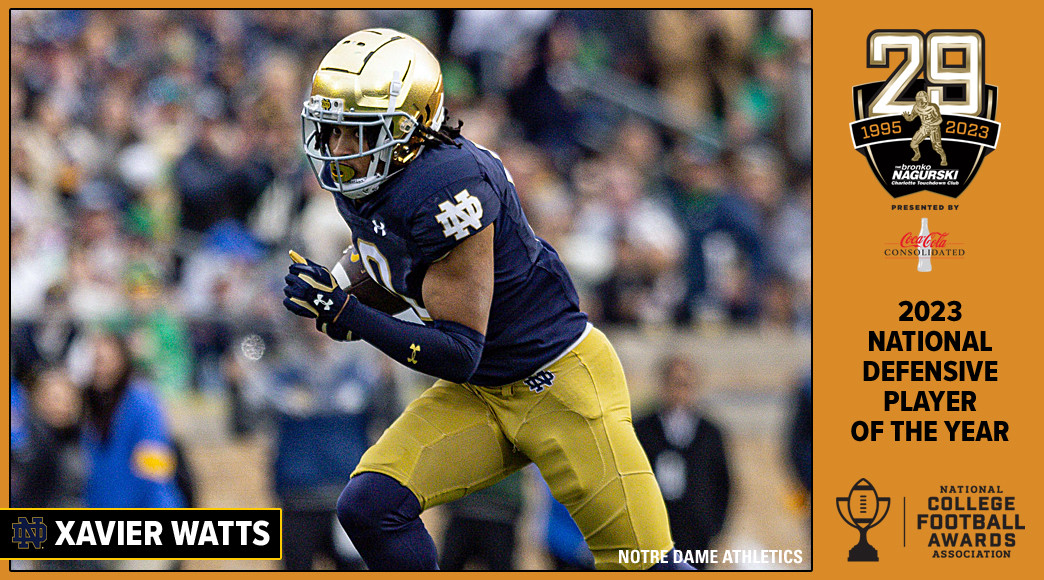 Xavier Watts is the second Notre Dame player to win the FWAA&rsquo;s Bronko Nagurski Trophy